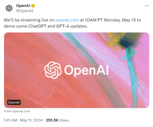 OpenAI 突然凌晨官宣将会在5月13日（周一）早上10点在官网直播，发布一些有关ChatGPT和GPT-4的更新